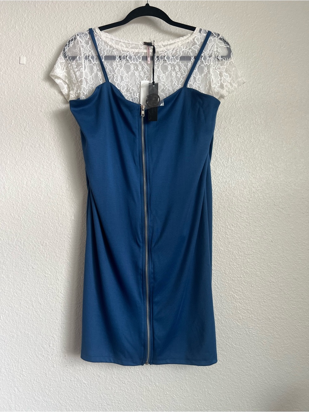 Blue Spaghetti Strap Front-Zip Dress